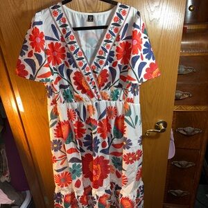 SHEIN Floral Embroidered Midi Dress - Red and Blue